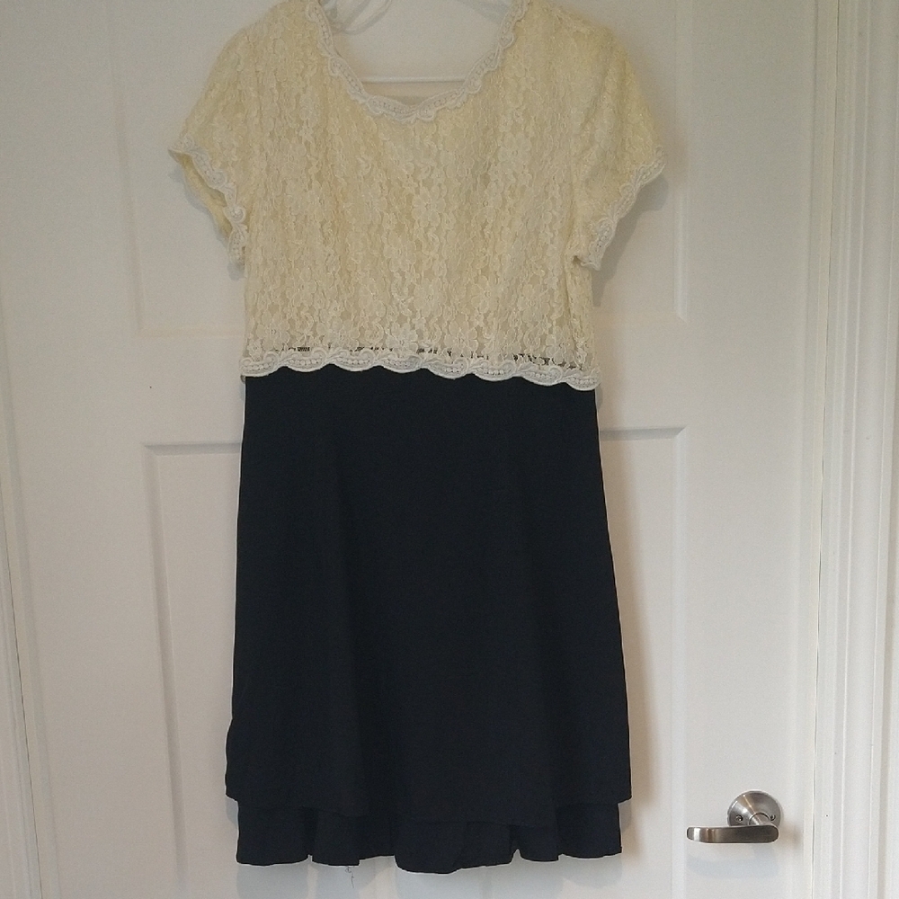 Elegant Lace Overlay Dress - Cream and Black